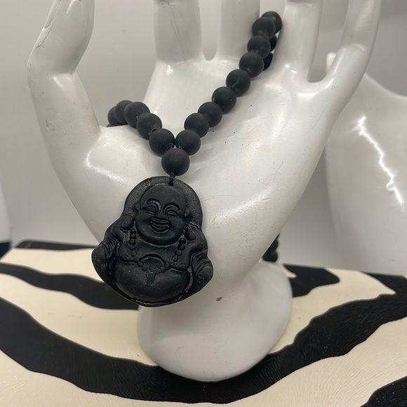 Matt Unisex Black Obsidian Carved Laughing Buddha Pendant Necklace - Picture 3 of 6